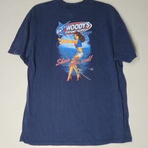Y2K Woody's Fishing Supply Pinup Girl Size L Blue Funny Show Me Your Rod